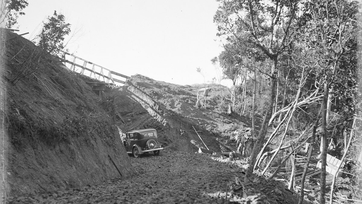 (A car on a narrow gravel road through bush)